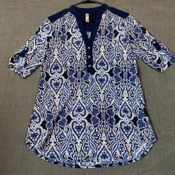 Blue Paisley V-Neck Tunic With 3/4 Sleeves PerSeption Concept Button Womens L - Picture 1 of 11
